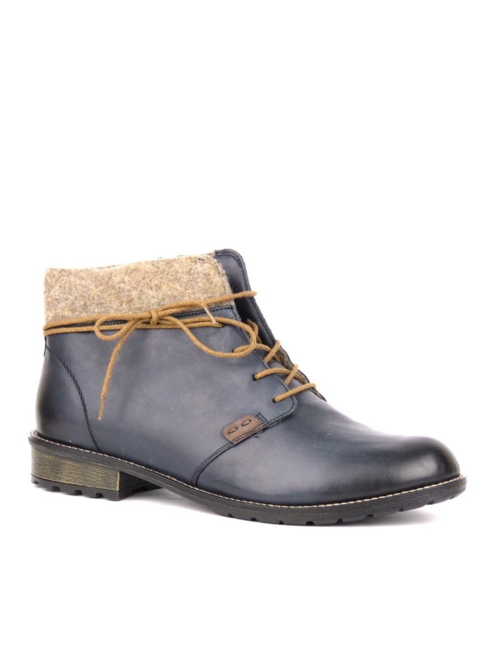 Remonte Dorndorf Leather Ankle Boots EU 38 US 7 Navy Lace Up Side Zip Felt Cuff